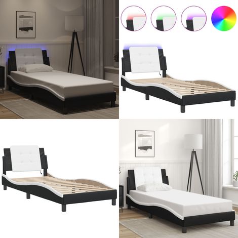 Bettgestell mit LED Schwarz und Weiß 90x200 cm Kunstleder - Bettstellengestell - Schlafzimmermöbel - Lederbettwäsche - Doppelbett - Boxspringbett - Home & Living
