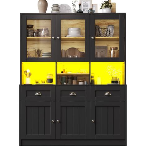 CHICFURN Aparador de cocina 140x40x175 cm de MDF negro con LED y estantes ajustables (1/5)