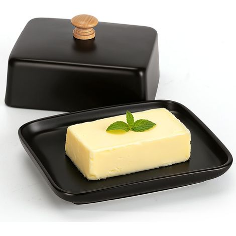 Beurrier Céramique avec Couvercle et Poignée, Beurrier Porcelaine pour 250 gr de Beurre Boîte à Beurre Hermétique pour Frigo, Lavable au Lave-Vaisselle, Micro-ondes, Noir (1/5)