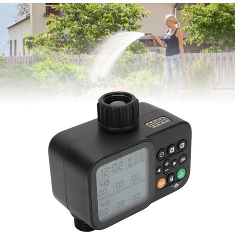 Temporizador de riego programable con 2 entradas: sistema de control de riego automático con retardo por lluvia, pantalla LCD y grado de protección IP54 (resistente al agua). (1/5)