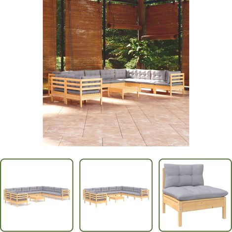 Terrassensofa - 11-tlg. Garten-Lounge-Set mit Grauen Kissen Massivholz Kiefer (1/5)