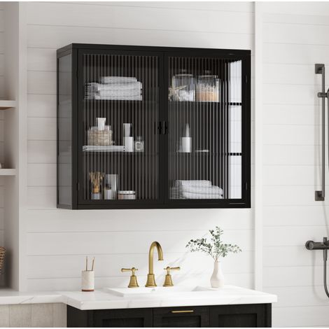 Armoire murale 2 portes en métal et verre trempé noir, 3 niveaux de rangement amovibles, meuble de rangement à suspendre ou poser, 70 x 23 x 60 cm – CHICFURN (1/5)