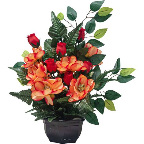 Vasque de Magniolias fleurs artificielles pour le cimetière H 50 cm D 40 cm Orange - couleur: Orange