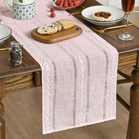 Chemin de table rustique en lin et coton, brodé et ajouré, idéal pour décorer une table de cuisine ou une salle à manger lors de fêtes à la maison, rose clair, 35 x 180 cm (1/5)
