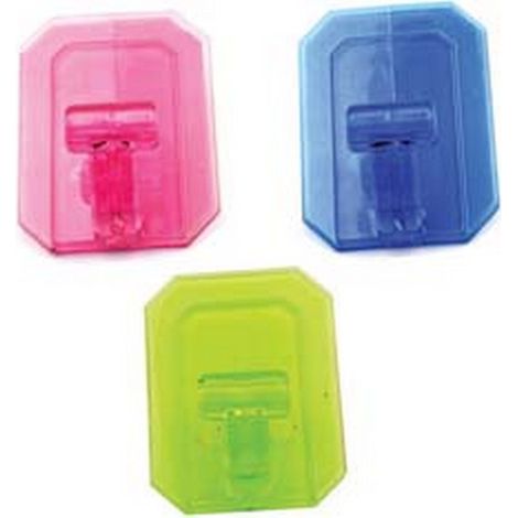 25PZ GANCI GIGANTI ADESIVI IN PLASTICA TRASPARENTI COLORI ASSORTITI - mm.59x78h.
