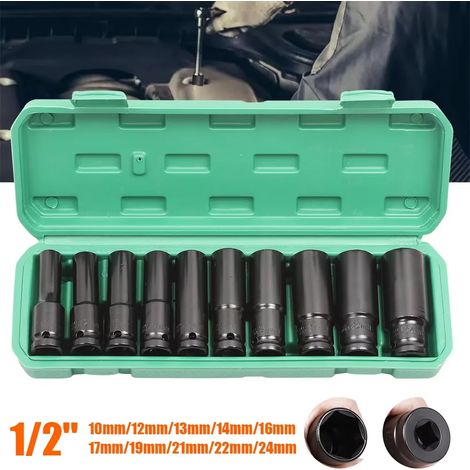 (vert) Jeu de 10 douilles à impact métriques 1/2", douilles profondes 10-24 mm, clés pneumatiques, outils de démontage de pneus (1/5)