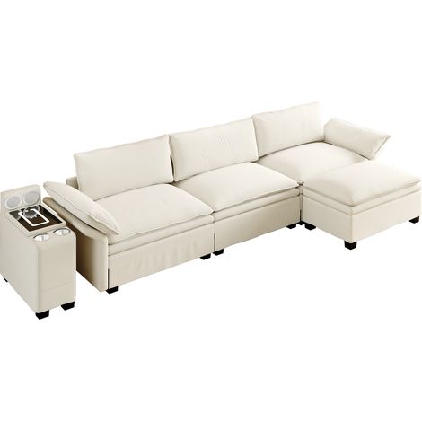 CAIziCanapé sectionnel modulable de 315 cm, canapé nuage en L en chenille avec rangement, ottoman, recharge sans fil, haut-parleurs, éclairage, 2 porte-gobelets, pour salon et bureau, beige/blanc