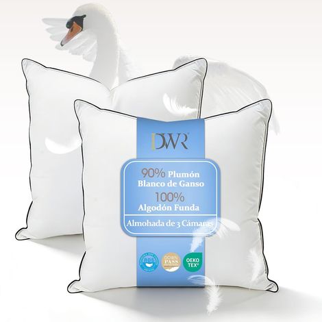 Oreiller en Duvet 60x60 cm Lot de 2 Duvet d'oie Blanc 90% Extérieur Mélange de Plumes Intérieur 100% Coton Biologique Ergonomique à 3 Chambres Soutien Moyen (1/5)