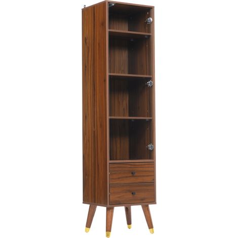 Vitrina alta moderna con puerta de cristal, 3 baldas regulables y 2 cajones, nogal (1/5)