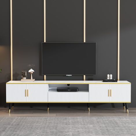Meuble TV bas moderne style marbre avec panneau TV-Commode 2 portes 1 tiroir-Pour téléviseurs jusqu'à 90 pouces-200x40x46cm (1/5)