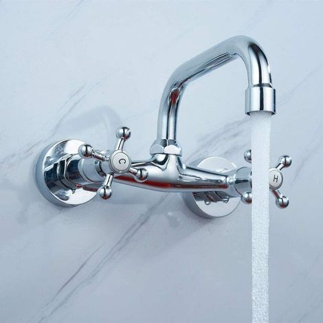 Retro Wall Faucet Wall Mounted Bathroom Faucet Kitchen Sink Mixer Tap Brass Basin Faucet Two Handle Brass Swivel U Spout (1/5)
