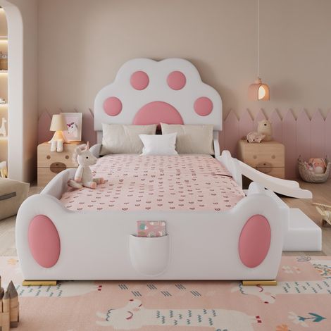 Lit capitonné, lit simple, lit enfant, tête de lit en forme de patte de chat, avec toboggan et échelle à deux marches, revêtement PU, blanc et rose, 90x200cm, garantie 2 ans