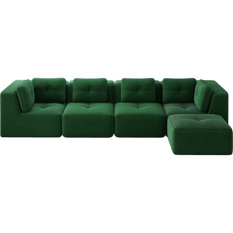 CAIziCanapé de salon modulable sans cadre, canapé 4 places confortable à assise profonde avec coussins moelleux et revêtement en velours côtelé, aucun montage requis, design antidérapant, vert