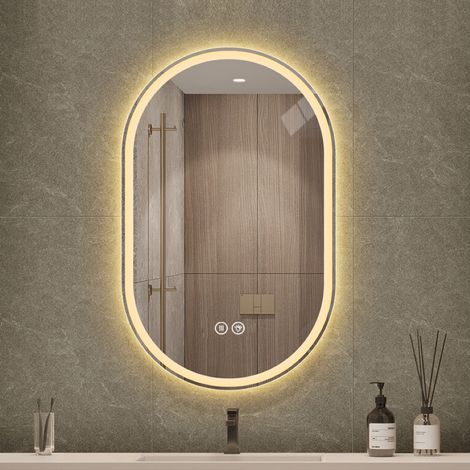 Miroir de salle de bain, 60x100 cm, ovale sans cadre, mural, avec écran tactile LED antibuée.