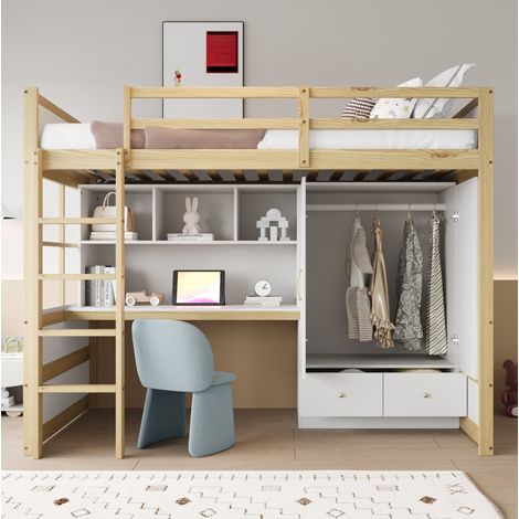Cama alta 90x200 cm, con escritorio, armario y cajones, escalera recta, madera color natural (1/5)