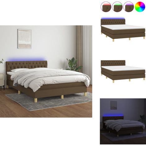 Sommier à lattes de lit matelas et LED Marron foncé 140x200 cm - Sommier Tapissier - Lit Avec Led - Matelas À Ressorts Ensachés - Tête De Lit Ajustable - Éclairage LED (1/5)