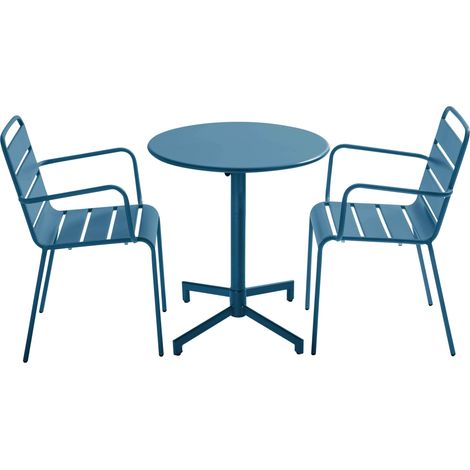 Ensemble table de jardin et 2 fauteuils en métal bleu pacific - Palavas (1/5)