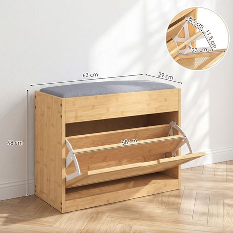 Banc chaussures entrée, banc de rangement en bambou, assise rembourrée, porte en rotin et étagère réglable, bois naturel (1/5)