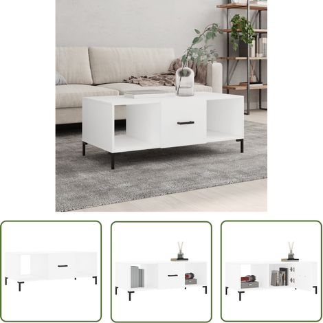 The Living Store Table basse blanc 102x50x40 cm bois d'ingénierie - Table Basse Blanche - Meuble Salon - Table D'appoint - Rangement Tiroir - Design Moderne (1/5)