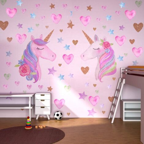 Stickers Muraux Licorne - Autocollants Amovibles Licorne Motifs Cœur Et Étoiles, Stickers Muraux Licorne Membrane Réfléchissante, Pour Les Fêtes D'anniversaire Et La Pépinière Et Les Lits De Bé (1/4)