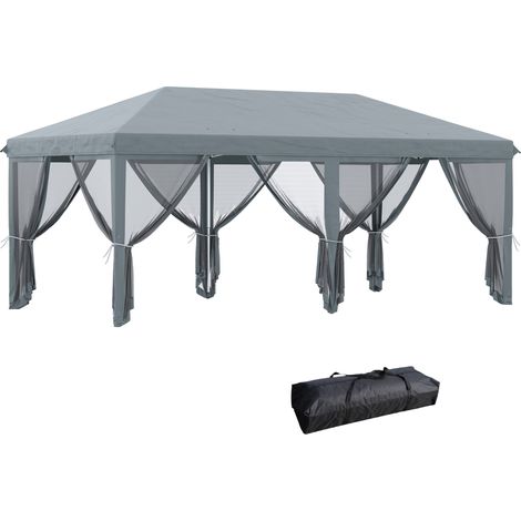 Gazebo da Giardino 600x300 cm Pieghevole con 6 Zanzariere e Pulsante in Acciaio e Poliestere Grigio