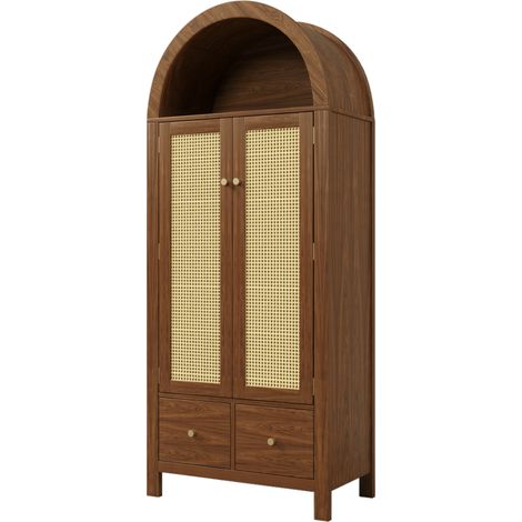Armoire avec tressage en rotin 181x78x45 cm style campagne couleur noyer avec 2 portes, 2 tiroirs et tringle à vêtements (1/5)