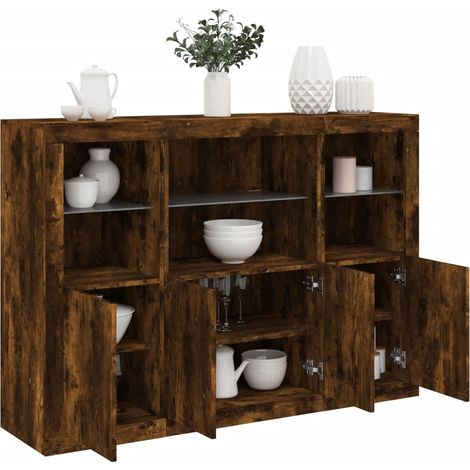 Sideboards mit LED-Leuchten 3 Stk. Räuchereiche Holzwerkstoff