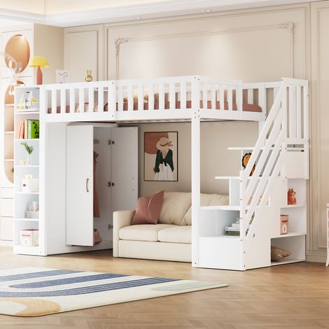 Lit mezzanine 90/200 cm blanc en bois avec armoire, étagères et escalier de rangement (1/5)