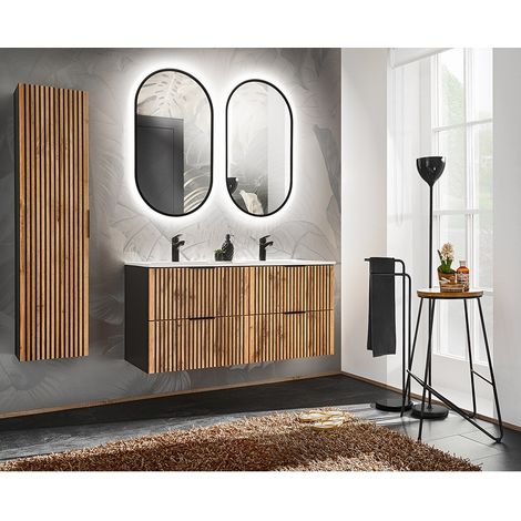 Badezimmer Set mit Doppelwaschtisch 120 cm Keramik Waschbecken XANTEN-56 in anthrazit mit Eiche Nb. schwarze Rillen, B/H/T: ca. 185/200/46 cm (1/5)