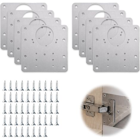 8PCS Plaque Reparation Charniere Porte d'Armoire en Acier Inoxydable avec 48 Vis, Kit de Réparation de Plaque pour Charniere Porte Placard, Support de Réparation pour Meubles et Placards (1/5)