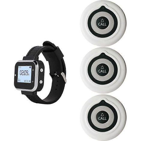 Drahtloses Rufsystem für Armbanduhren: 3 Rufknopfsender, 1 Armbanduhr-Pager für Restaurants, Cafés oder Bars (amerikanischer Stecker). (1/5)