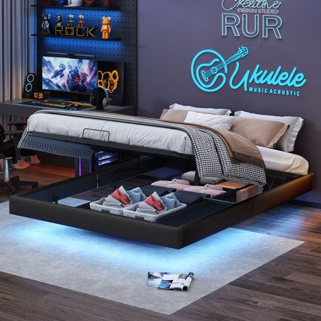 Letto matrimoniale con contenitore 160x200 cm - con illuminazione a LED - comodino senza telaio - funzione contenitore - materiale PU - letto sospeso - rete a doghe - Nero