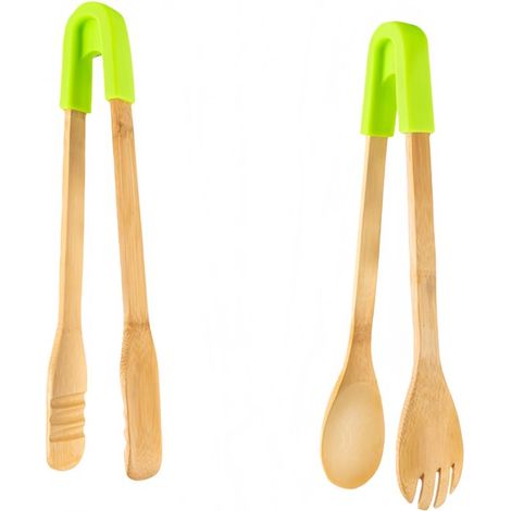 Lot de 2 pinces alimentaires en bois pour pâtisserie et cuisine avec formes ronde et carrée pour maintenir toasts bacon et tranches de pain dimensions 30 x 4 cm couleur verte (1/5)