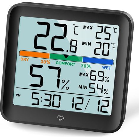 thermometre interieur hygrometre-thermomètre digital maison avec Grand rétroéclairage tactile, Max/Min Horloge de Confort d'Air Moniteur humidimetre pour Serre Chambre de Bébé Chambre,Noir (1/5)