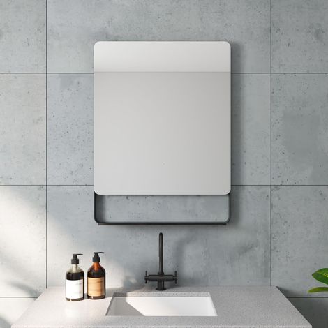 AQUABATOS® Badezimmerspiegel Wandspiegel 60x80 cm mit Ablage Schwarz matt Badspiegel ohne Beleuchtung Hängespiegel Moderne Wohnzimmerspiegel Rechteckige Dekospiegel Aluminium Rahmen (1/5)