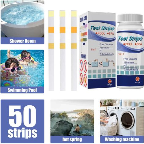50 Stück 3-in-1-Teststreifen zur Bestimmung der Schwimmbadwasserqualität (Alkalität, Chlor, pH-Wert, freies Chlor) (1/5)