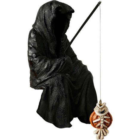 Statue Faucheuse gothique en résine assise avec canne à pêche 127 cm figurine Halloween décoration effrayante aquarium ou bassin (1/5)