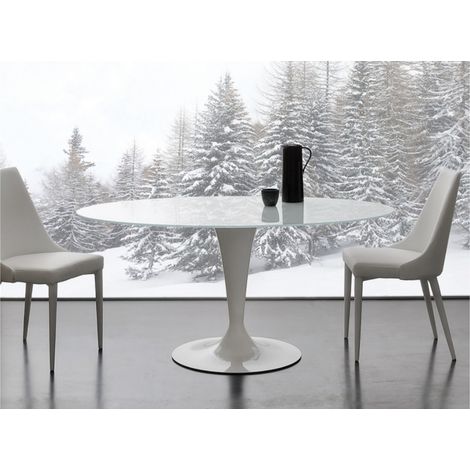 Table a manger ronde design verre teinté blanc et pied laqué blanc Kramanty 130cm (1/5)