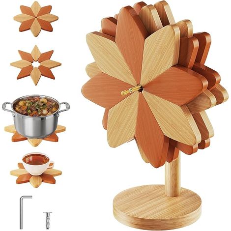 Dessous de Plat Isolé Bois Moulin à Vent,15cm Diamètre Résistant Plats Chauds, Double Fonction Décoratif Pratique, protéger tables cuisine (1/5)