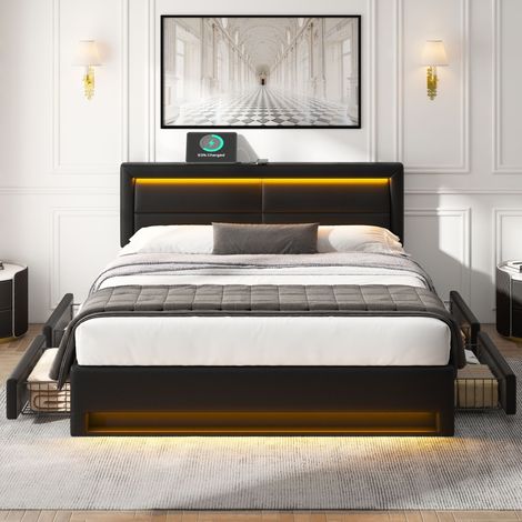 Cadre de lit 140x200 noir, tiroirs de rangement intégrés, réveil LED et charge USB sans fil/filaire, similicuir grainé litchi, sommier nu (1/4)