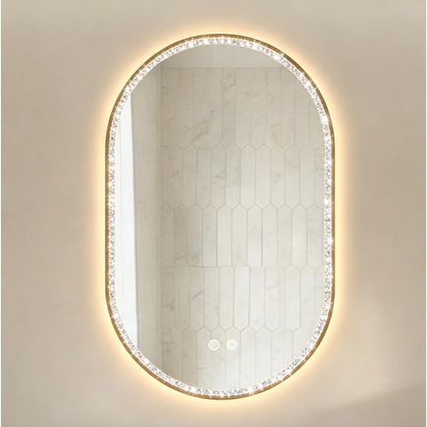 Ovaler LED-Badezimmerspiegel 50 x 80 cm, beschlagfrei, Goldrahmen mit Kristallen (1/5)