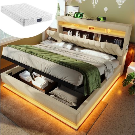 Lit double 140x200 cm en lin beige avec rangement LED et USB, pour chambre, avec matelas – MEUBLIV (1/5)