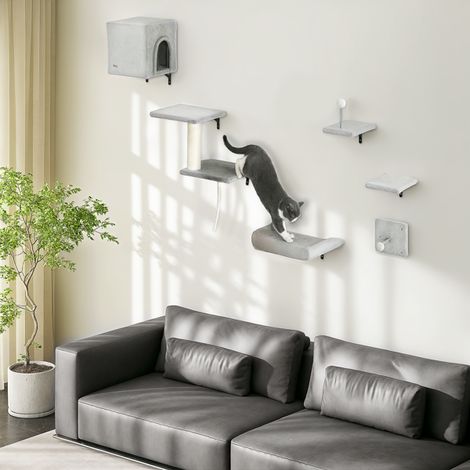 6-Piece Wall-Mounted Cat Tree Set with Condo, Scratching Post, Platforms, and Toy Ball for Cats Up to 5 kg - Space-Saving Design