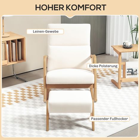 Fauteuil à bascule avec repose-pieds, rembourrage doux, aspect lin, cadre en bois, blanc crème (1/5)