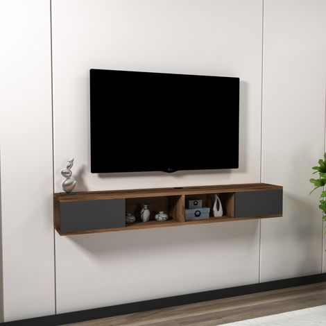 Mobile Porta tv Ispica, 2 Ante, Peso Supportato 40 kg, Installazione Sospeso, 140x22x20h cm Nero Antracite (1/4)