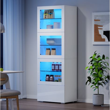 Vitrine (60x40x173 cm), mit LED-Beleuchtung, 3 Türen, 1 Schublade, MDF und Glas, Weiß (1/5)