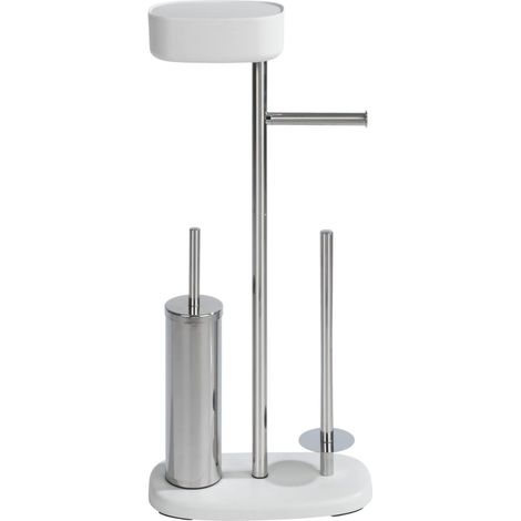 Combiné WC 5en1 Blanc Brosse WC à tête remplaçable, dérouleur Papier, stockeur à Rouleaux, boîte de Rangement et Support Portable Acier INOX Plastique 17x72,5x32 cm Blanc (1/5)