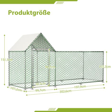 Enclos métallique pour poules 3x1x1,5m, parc extérieur avec bâche PE imperméable et verrou de sécurité, idéal pour lapins, poules et petits animaux.