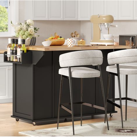 Îlot de cuisine mobile en MDF noir et bois clair, plateau rabattable, 3 tiroirs, 2 compartiments fermés, porte-épices et roulettes avec frein, pour rangement optimisé – CHICFURN (1/5)