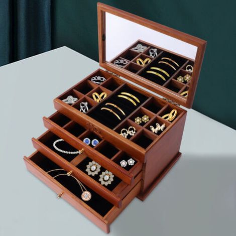 Boîte à bijoux en bois à quatre niveaux sculptés, boîte à bijoux en bois de grande capacité, avec 4 niveaux et tiroirs, équipée d'un miroir. (1/5)